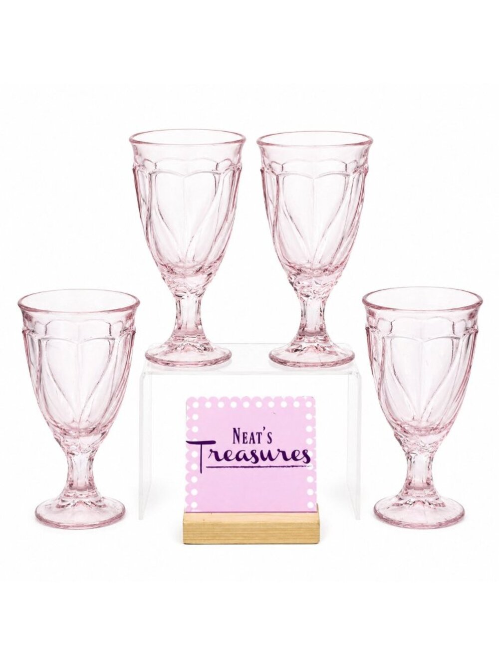 Noritake SWEET SWIRL PINK Pressed Glass 12oz Ice Tea Goblet 7 3/8" Glasses Set 4